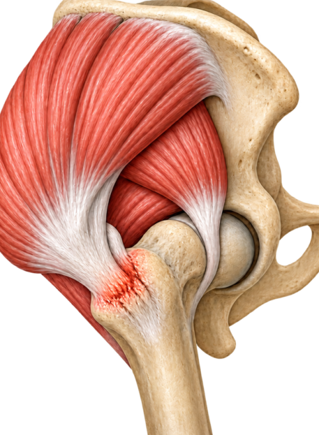 Anatomski prikaz glutealne tendinopatije in GTPS na zunanji strani kolka